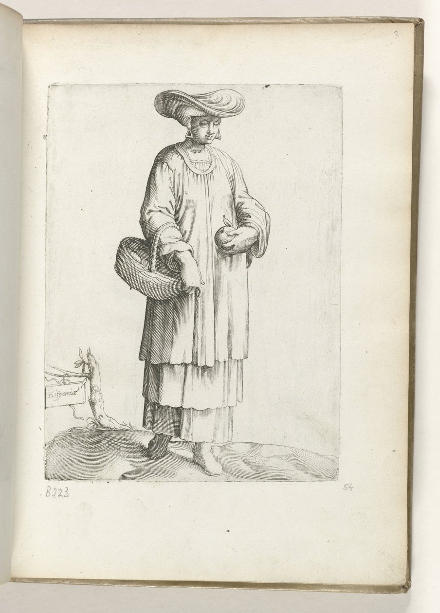 西班牙（物品上的标题）
身着西班牙服饰的提篮女子，约 1550 年
Diversarum gentium nostrae aetatis habitus（系列标题） 作者 Enea Vico