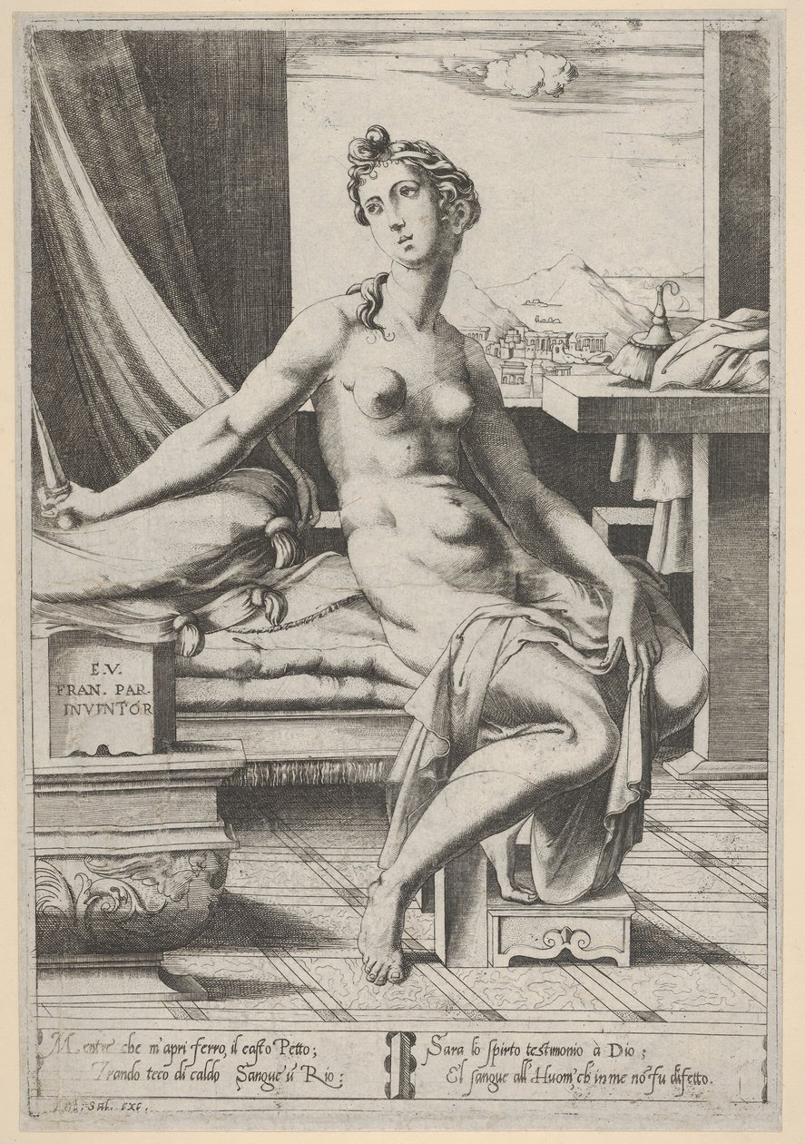 露西娅（Lucretia）赤身裸体，坐在窗前，右手持匕首，按住d。，ca。 1535-67。 作者 Enea Vico