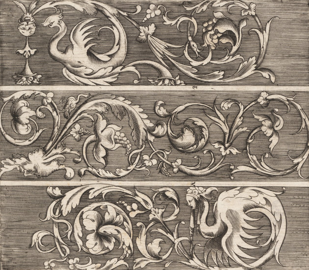 三幅带装饰性叶子的壁画，约1541-43。 作者 Enea Vico