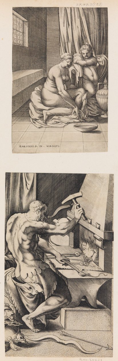 维纳斯在她的厕所，火神在他的锻造厂工作，约1546年。 作者 Enea Vico