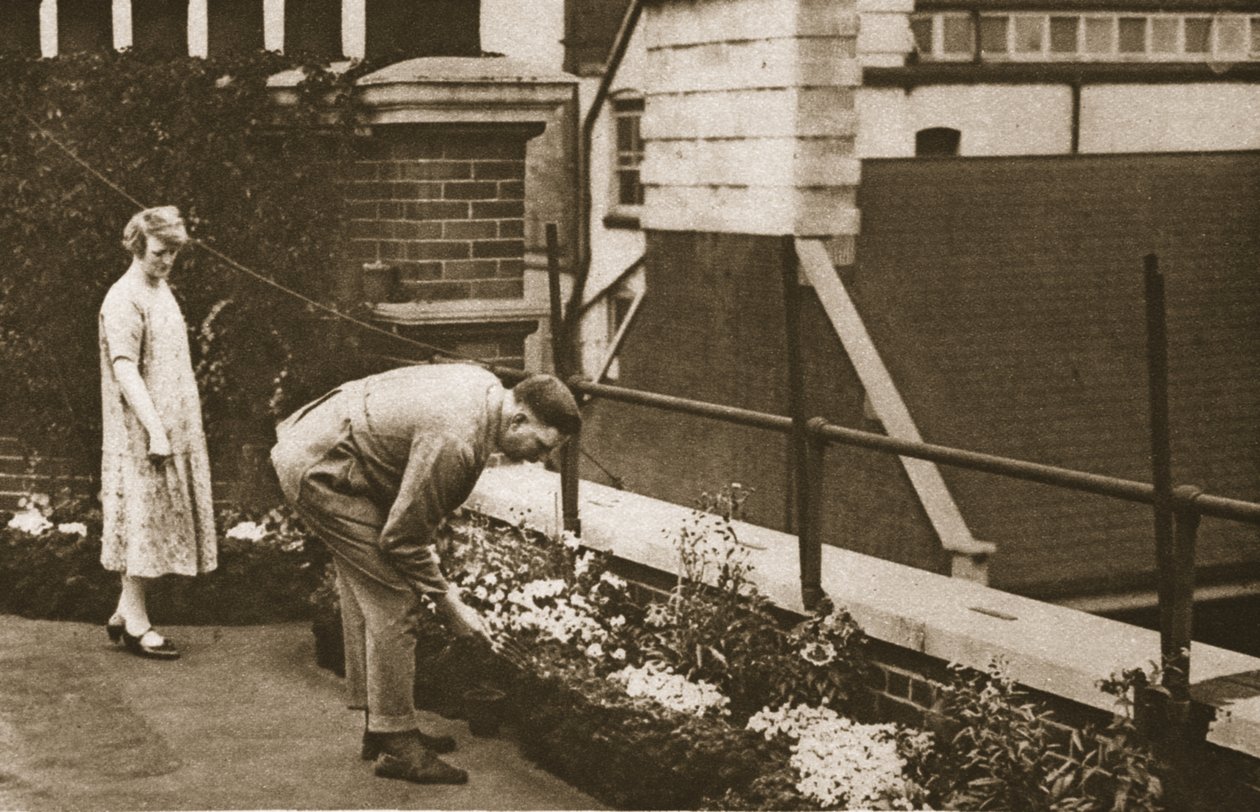 一对夫妇在Tudor街的一个街区照看他们的私人屋顶花园，来自Wonderful London，1926-27出版（照相凹版） 作者 英国摄影师