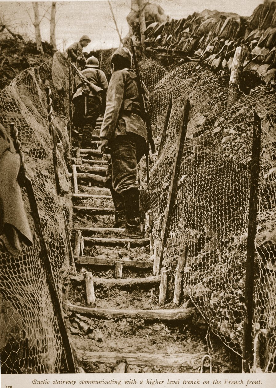 质朴的楼梯与法国前线的更高级别的沟渠沟通，1914-19 作者 英国摄影师