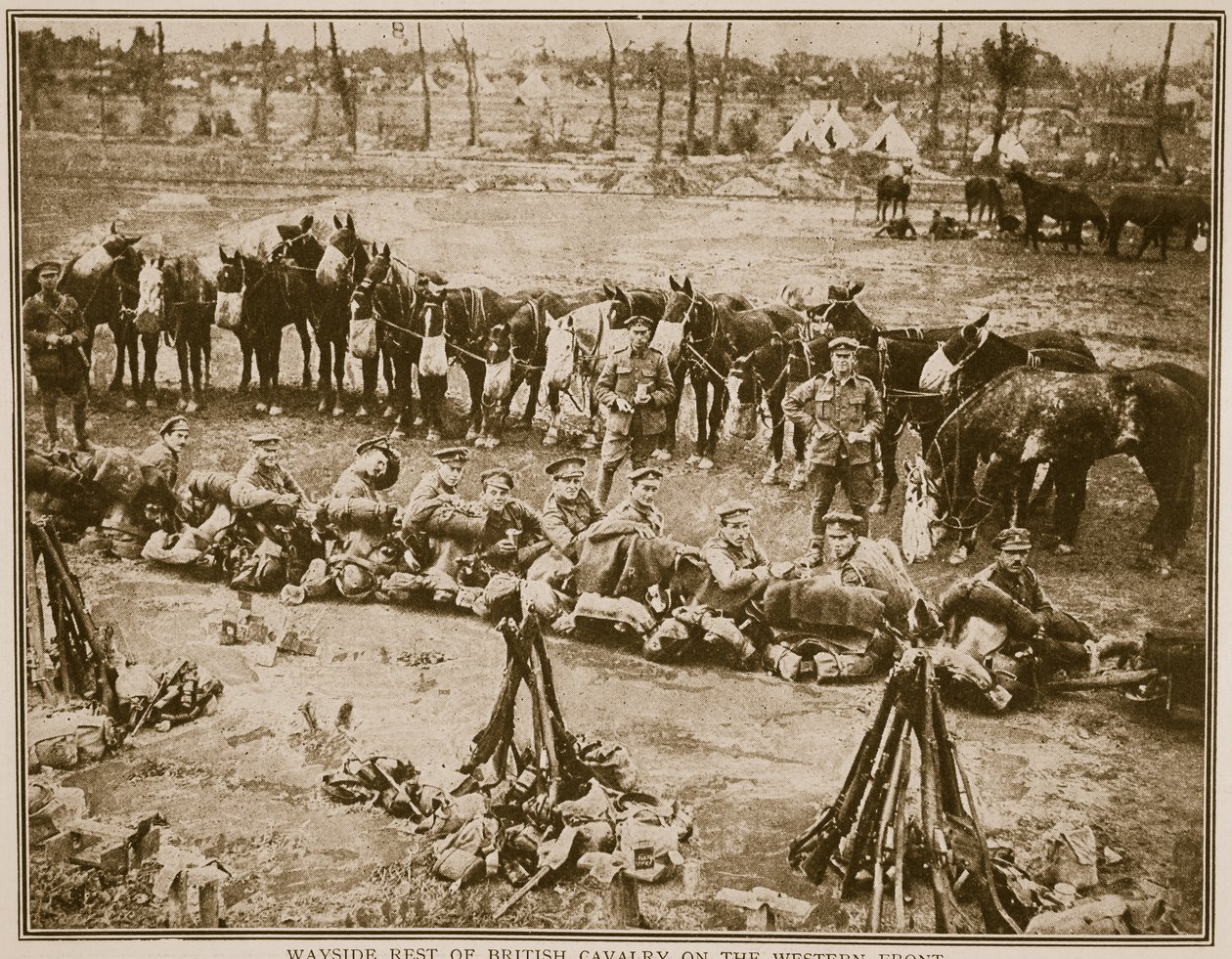 1914年至1914年西部战线上的英国骑兵路边休息 作者 英国摄影师