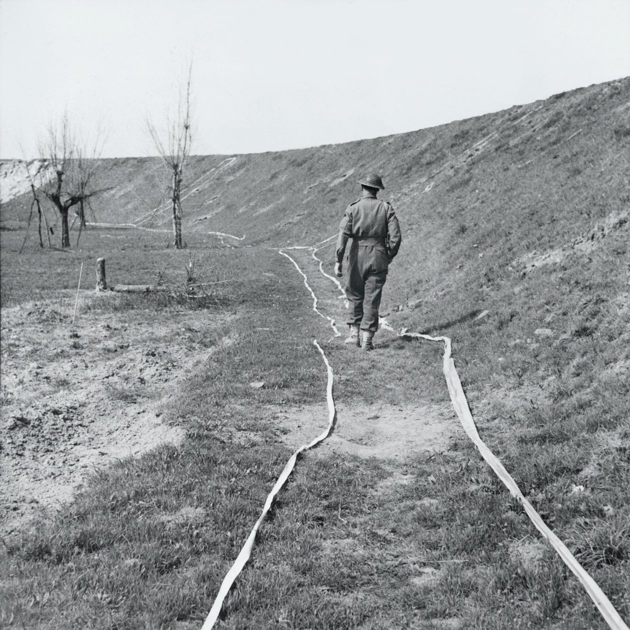 白色磁带标记通过雷区的清晰轨道，由意大利河Senio，1945年3月 作者 英国摄影师