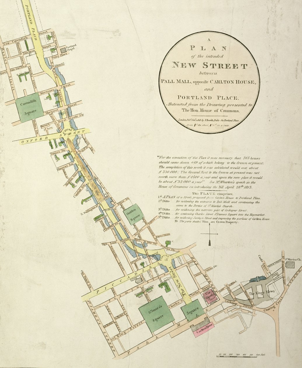 由John Nash（1758-1835）酒吧设计的Pall Mall与Carlton House和Portland Place之间的新街道计划。作者：J。Booth，1818年 作者 英语学校
