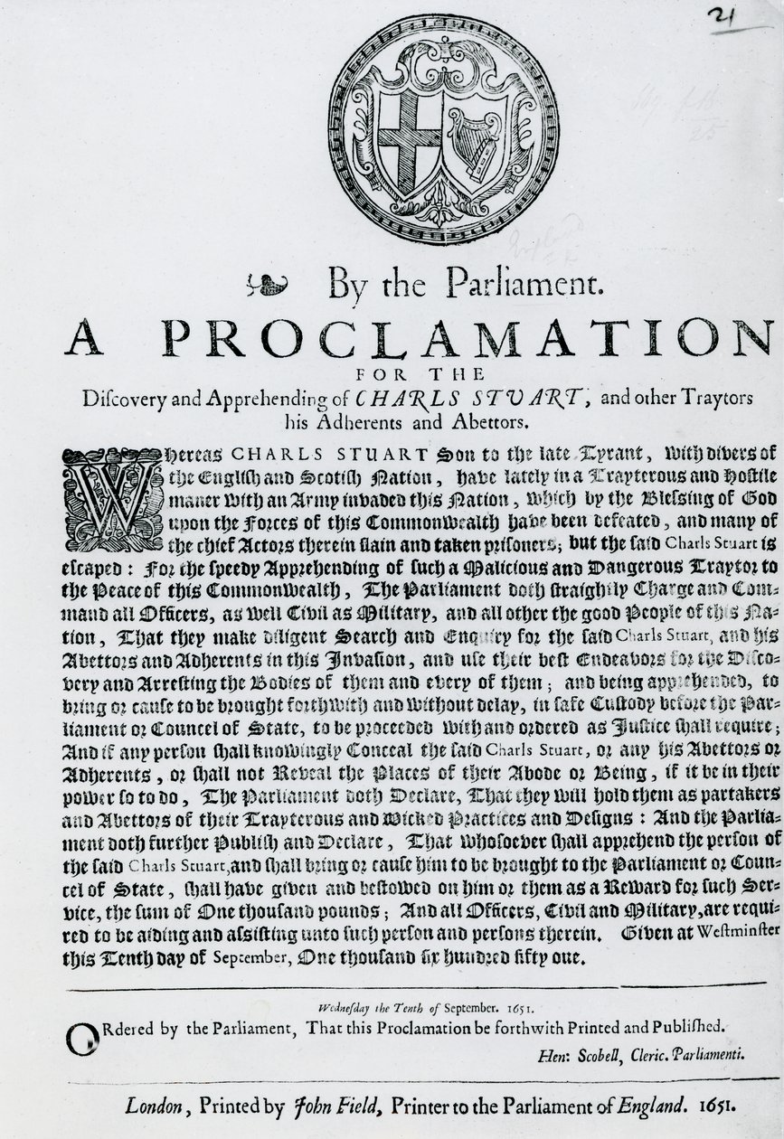 1651年出版的议会宣布发现和逮捕查尔斯·斯图尔特及其他叛徒，堕落者和教唆者 作者 英语学校