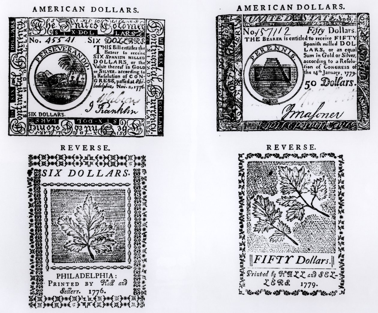 1776年的殖民地六美元钞票和1779年的美国五十美元钞票 作者 英语学校
