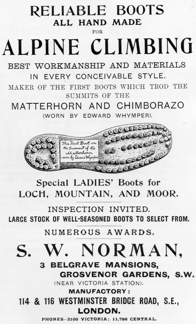 SW Norman Alpine Climbing Boots的广告，来自&39;Whymper&39;s Guides Advertiser&39;的插图，1911年（凸版印刷和雕刻） 作者 英语学校