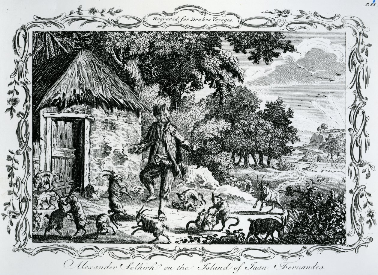 Juan Fernandes岛上的Alexander Selkirk，于1780年出版于“Drakes Voyages” 作者 英语学校