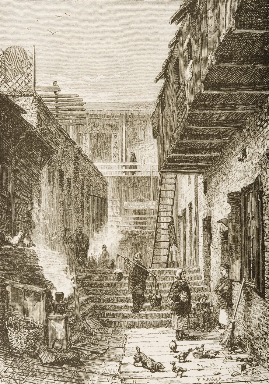 加利福尼亚州旧金山唐人街的小巷，来自&39;美国图片&39;，由The Religious Tract Society出版，1876年 作者 英语学校