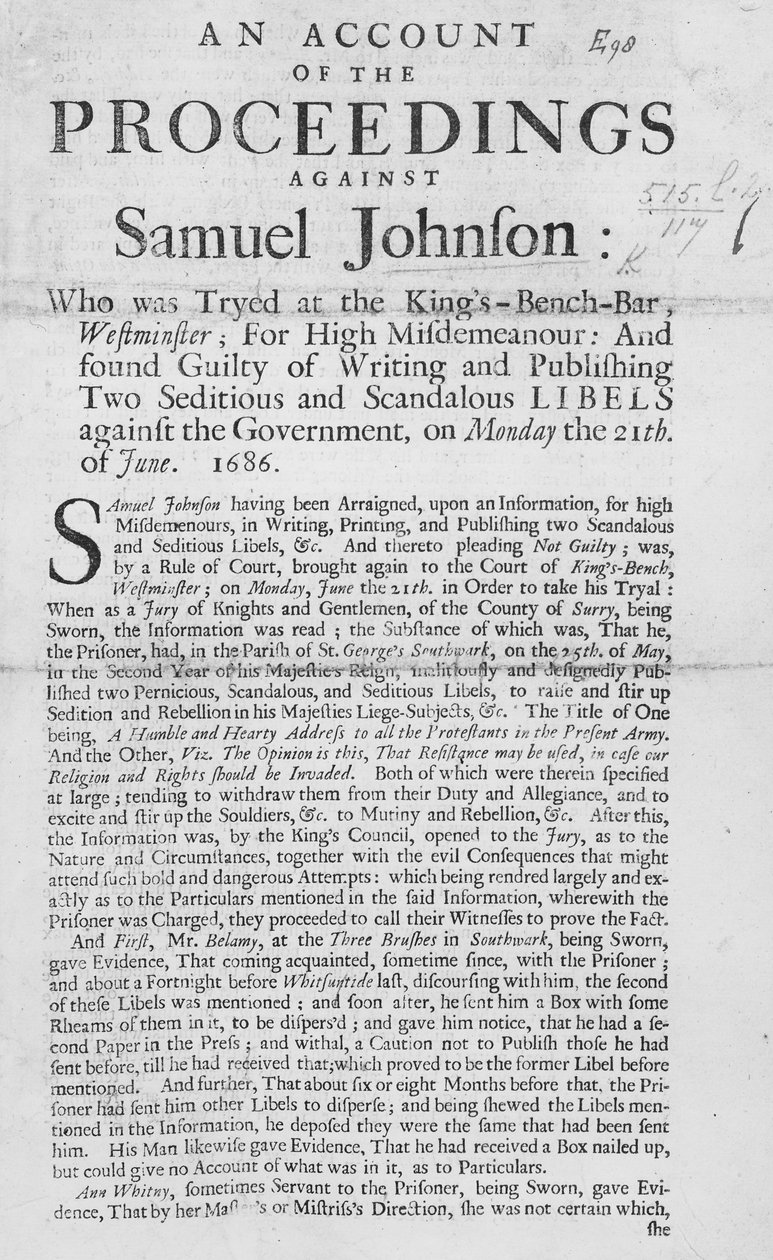 1686年针对塞缪尔约翰逊的诉讼记录（印刷版） 作者 英语学校