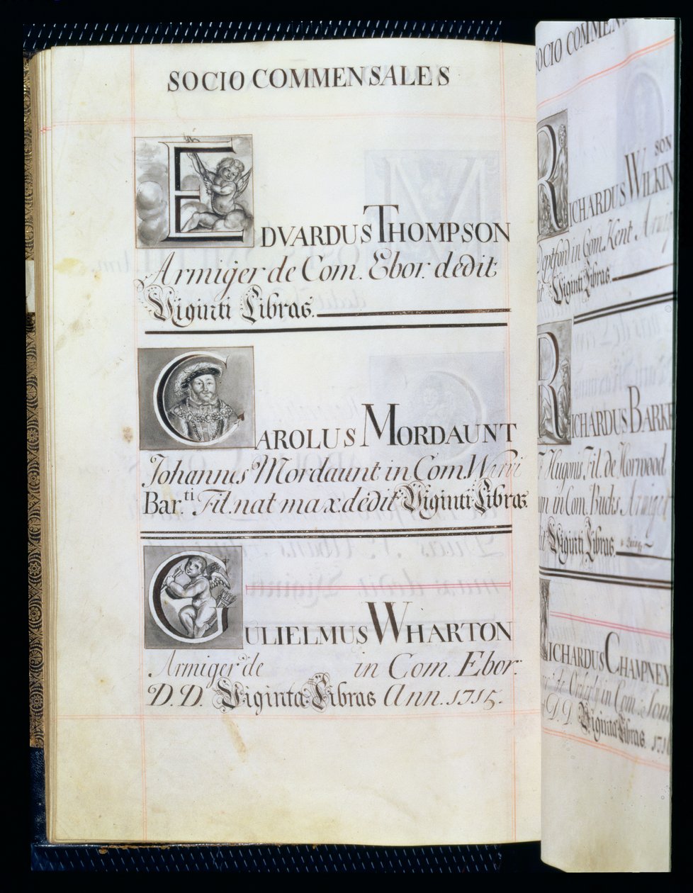 档案3693 f.58v页面列出牛津新学院的三位赞助人; Edvardus Thompson，Carolus Mordaunt和Gulielmus Wharton，来自Benefaction Book，16812-84（笔和墨水） 作者 英语学校