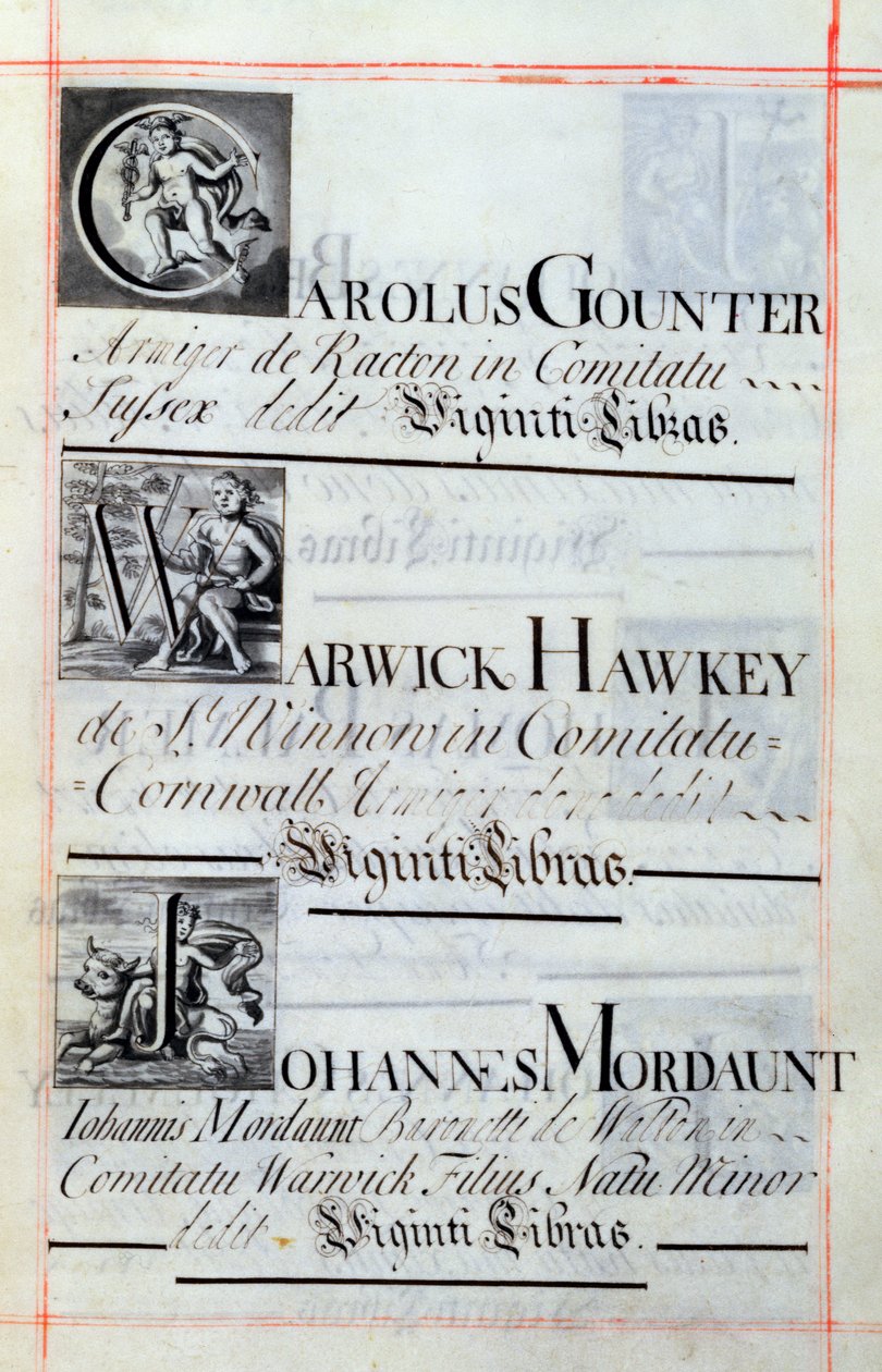 档案3693 f.62页面列出了牛津新学院的三位恩人; Carolus Gounter，Warwick Hawkey和Johannes Mordaunt，来自福利书，16812-84（钢笔墨水） 作者 英语学校