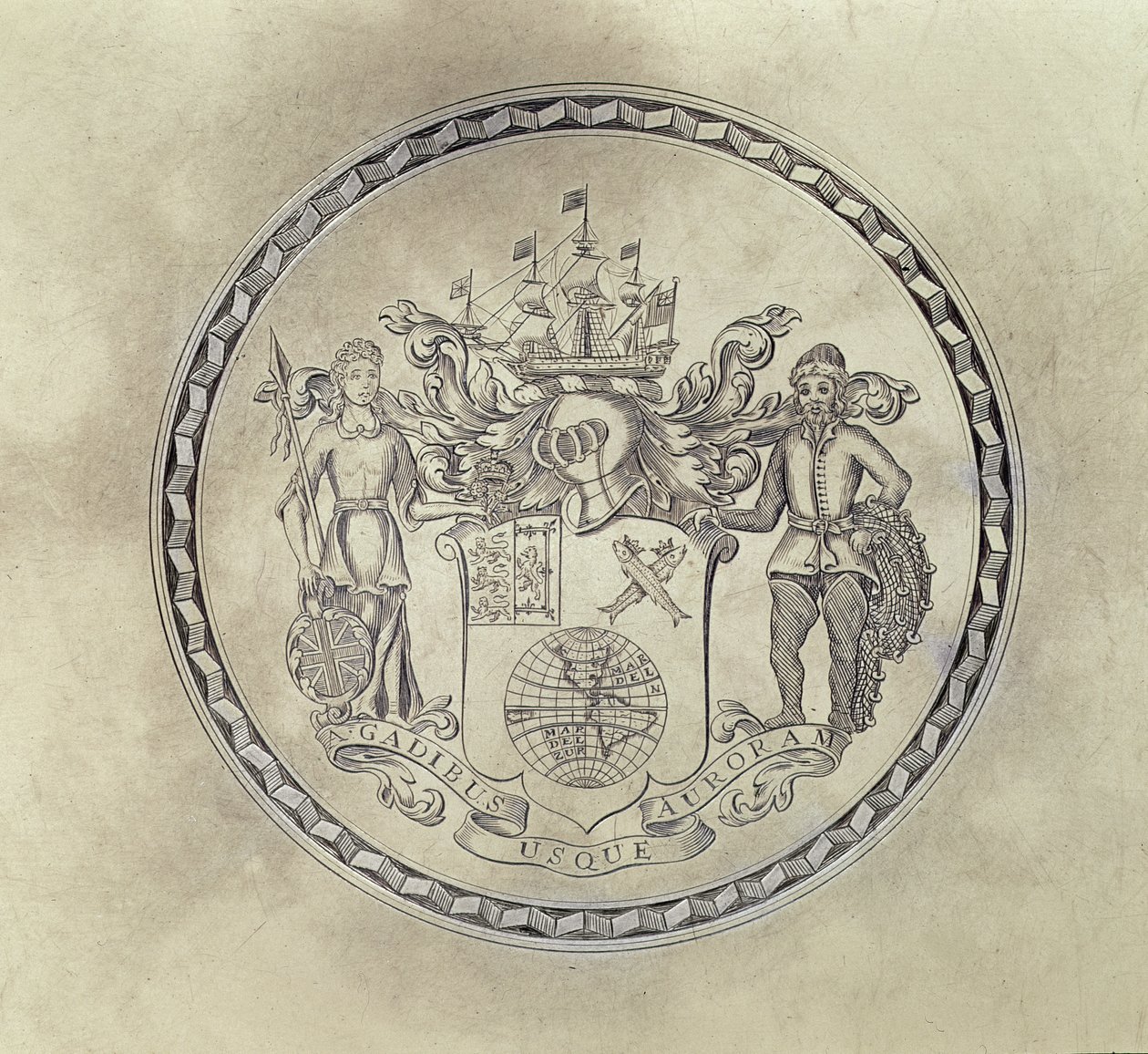 南海公司的纹章，刻在托盘上，1714（银镀金） 作者 英语学校