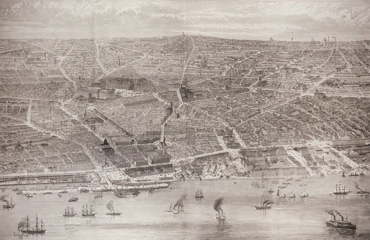 1886年5月15日“伦敦新闻报”中的所有新建筑从利物浦到利物浦的鸟瞰图 作者 英语学校