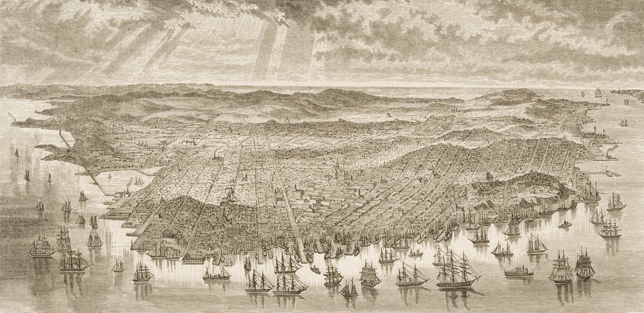 1875年旧金山鸟瞰图，来自“美国图片”，由宗教行业协会出版，于1876年出版 作者 英语学校