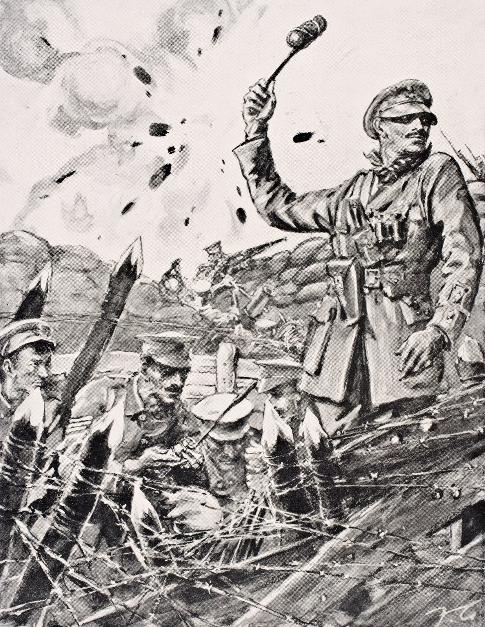 1916年在伦敦出版的“战争画报专辑”中，英国军官在攻击德国人时从战壕投掷手榴弹 作者 英语学校