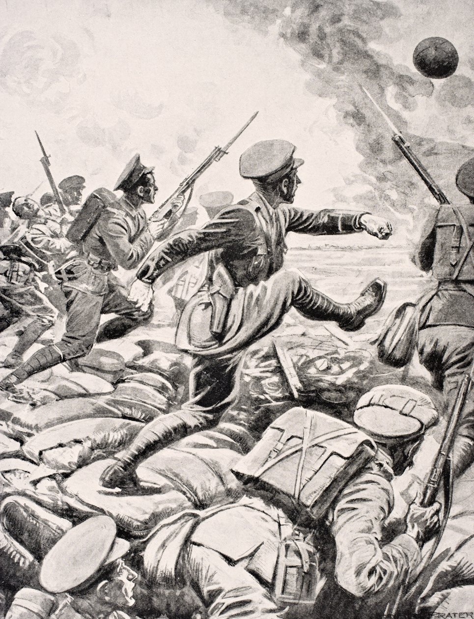 1916年在伦敦出版的“The War Illustrated Album deLuxe”中，英国军官将足球踢向德国线，以激励他的排充电。 作者 英语学校