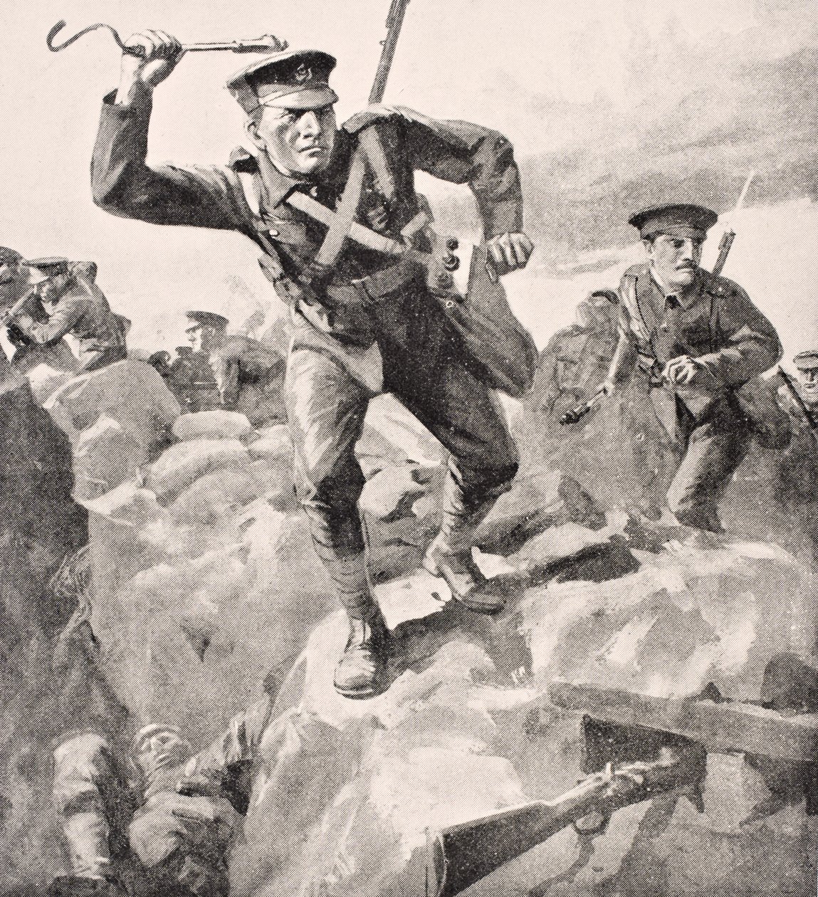 1916年伦敦出版的“战争画报专辑”中，英国军队用手榴弹攻击德国战壕 作者 英语学校