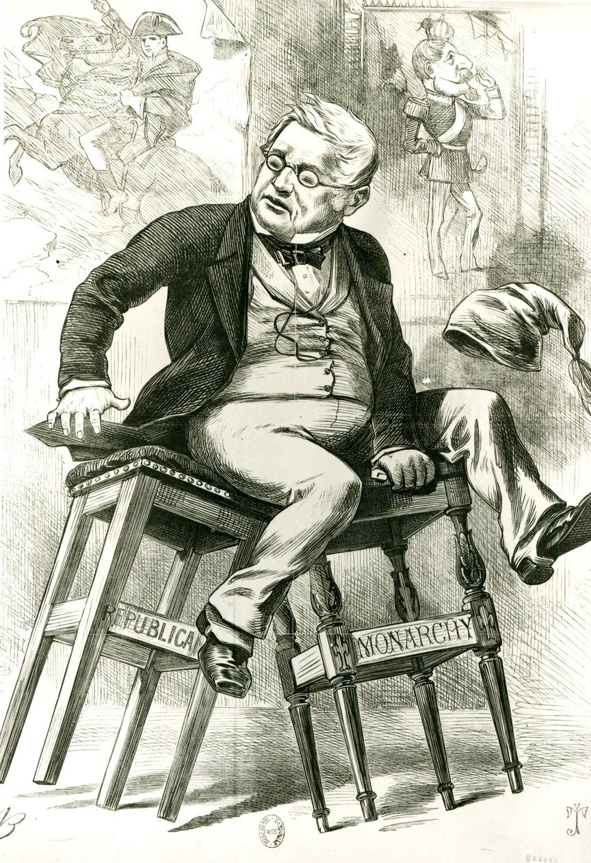 Adolphe梯也尔（1797-1877）漫画在两个凳子之间，插图来自&39;Punch&39;，1872年 作者 英语学校