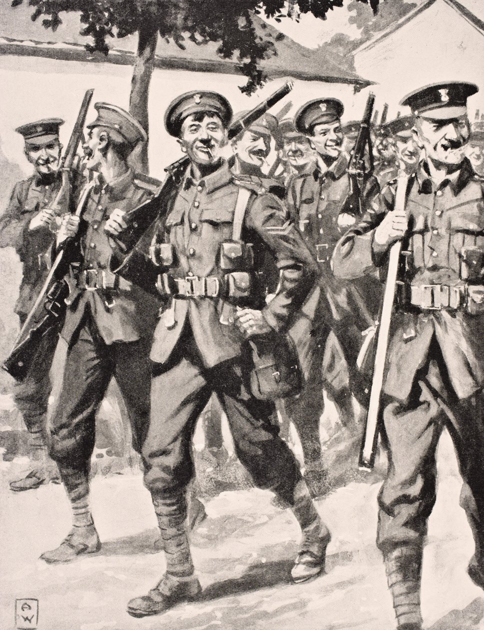 1915年，在1916年伦敦出版的“战争画报专辑”中，自信的英国军队在前往西线前线的漫画般的绘画 作者 英语学校