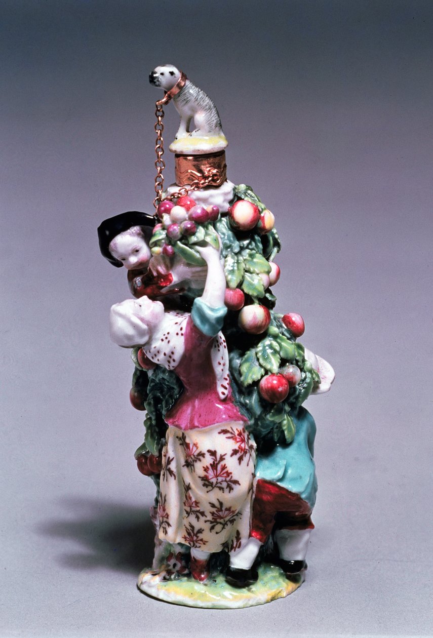 切尔西香水瓶描绘母亲和孩子采摘水果，金锚时期，1758-69（瓷器） 作者 英语学校
