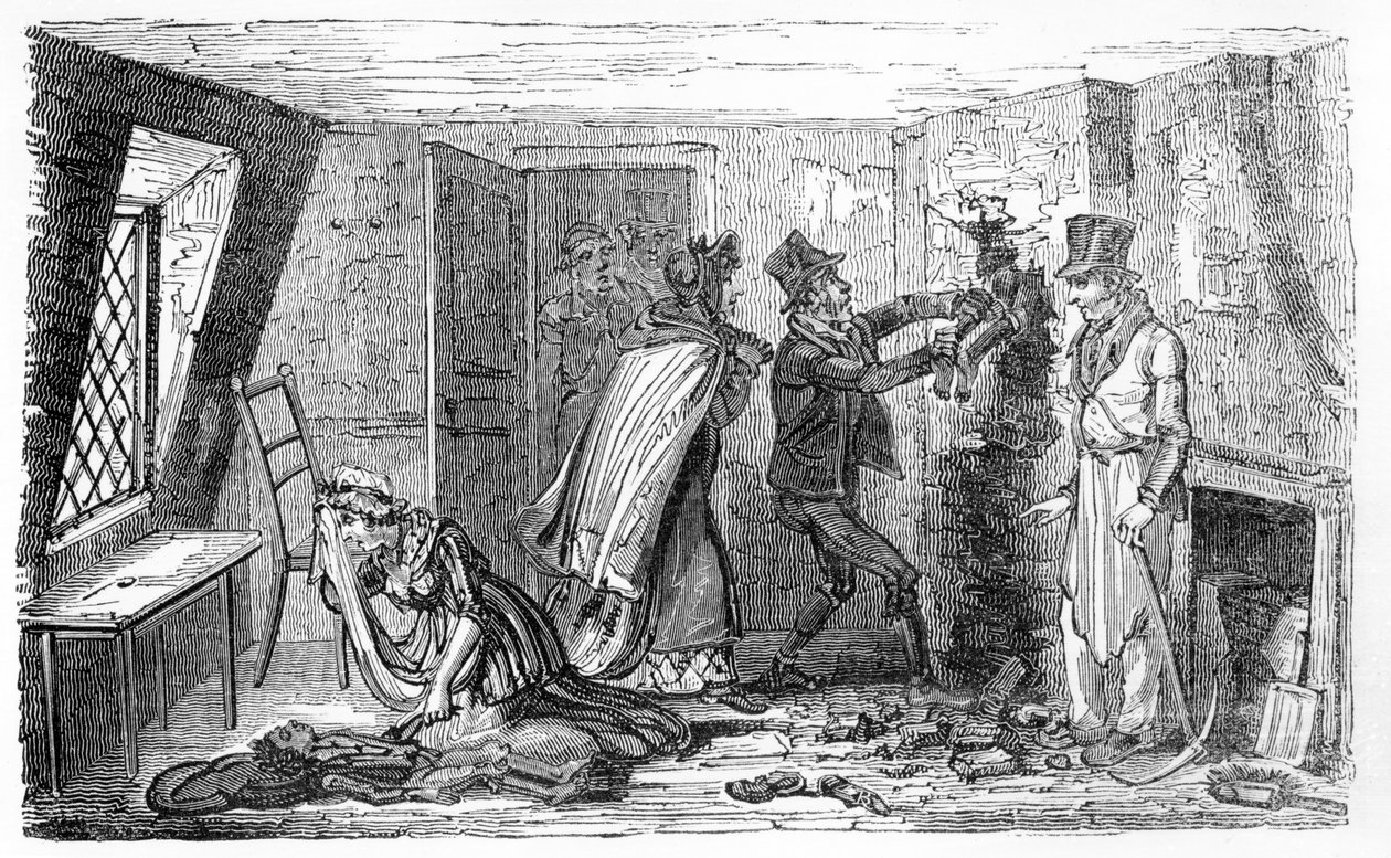 Chimney Sweep的男孩被困在一个烟囱里，1825年出版的詹姆斯蒙哥马利的“烟囱的朋友和攀登男孩的专辑”中的插图 作者 英语学校