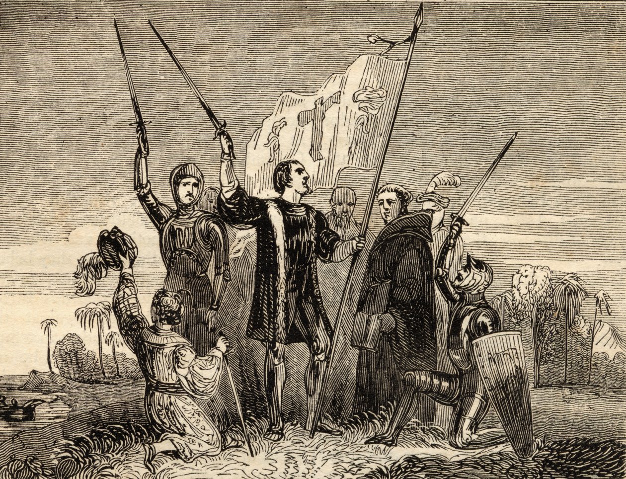 哥伦布（1451-1506）占有，来自“旅行者的故事或世界观”的插图，1838年出版 作者 英语学校