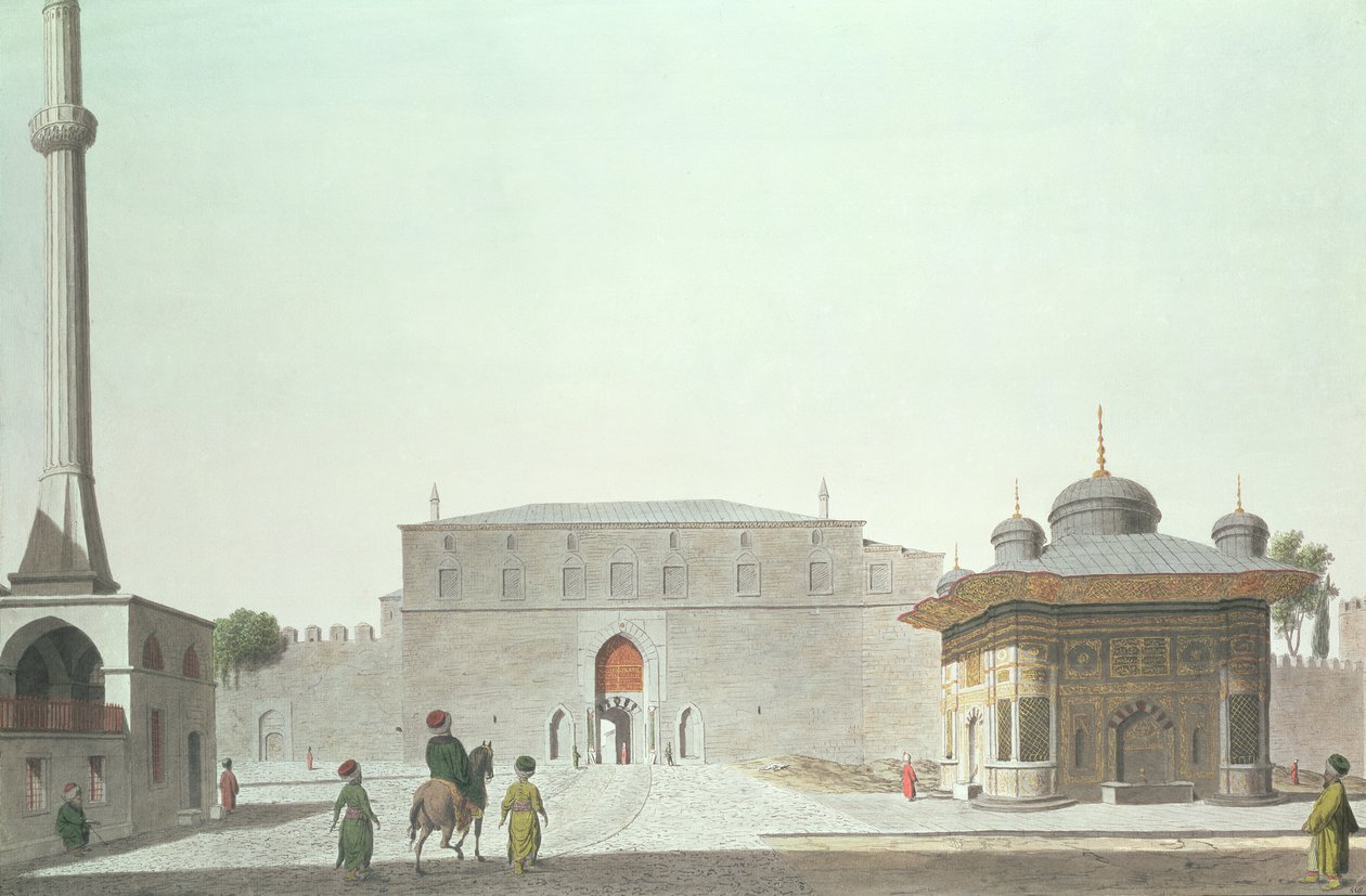 君士坦丁堡：Haghia Sophia Square展示喷泉和Old Seraglio的皇家门（Topkapi宫） 作者 英语学校
