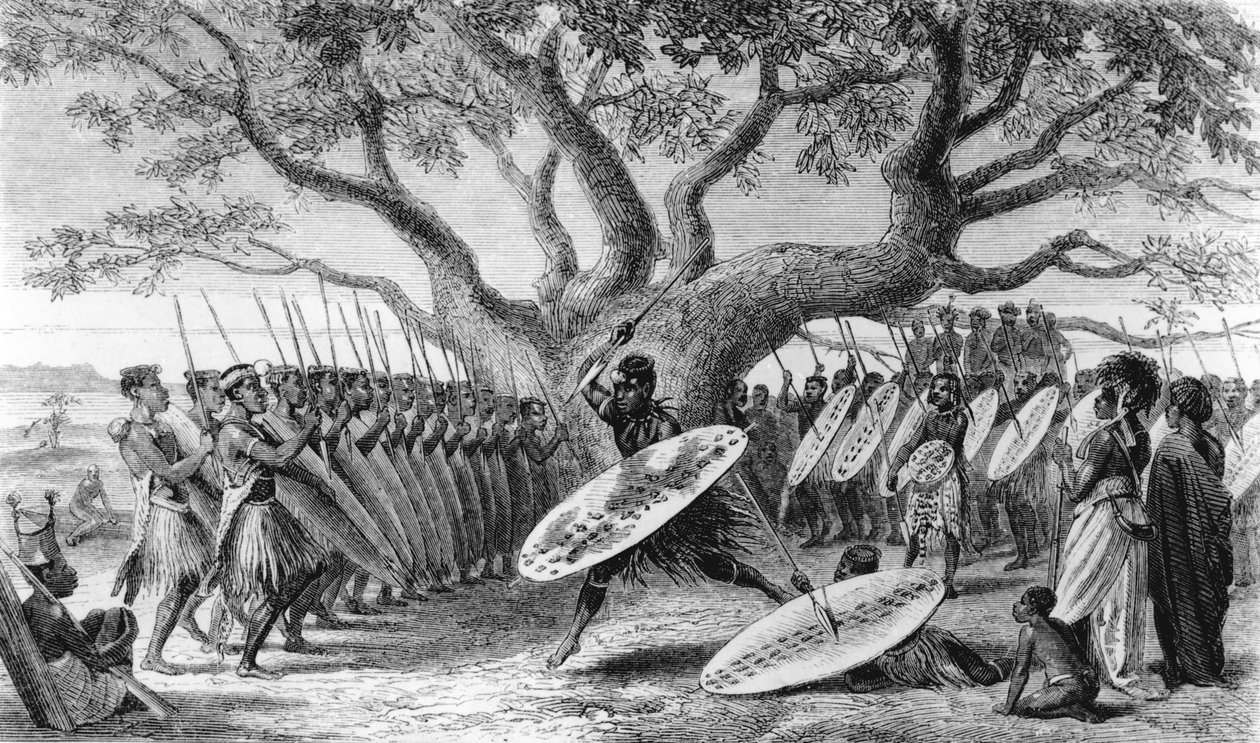 Landeens的舞蹈，或Zulus，到达Shupanga举起葡萄牙语的年度致敬，由Josiah Wood Whymper（1813-1903）雕刻 作者 英语学校
