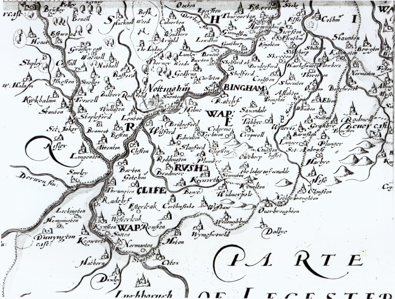 显示诺丁汉镇的诺丁汉郡县的地图的细节，1642年 作者 英语学校