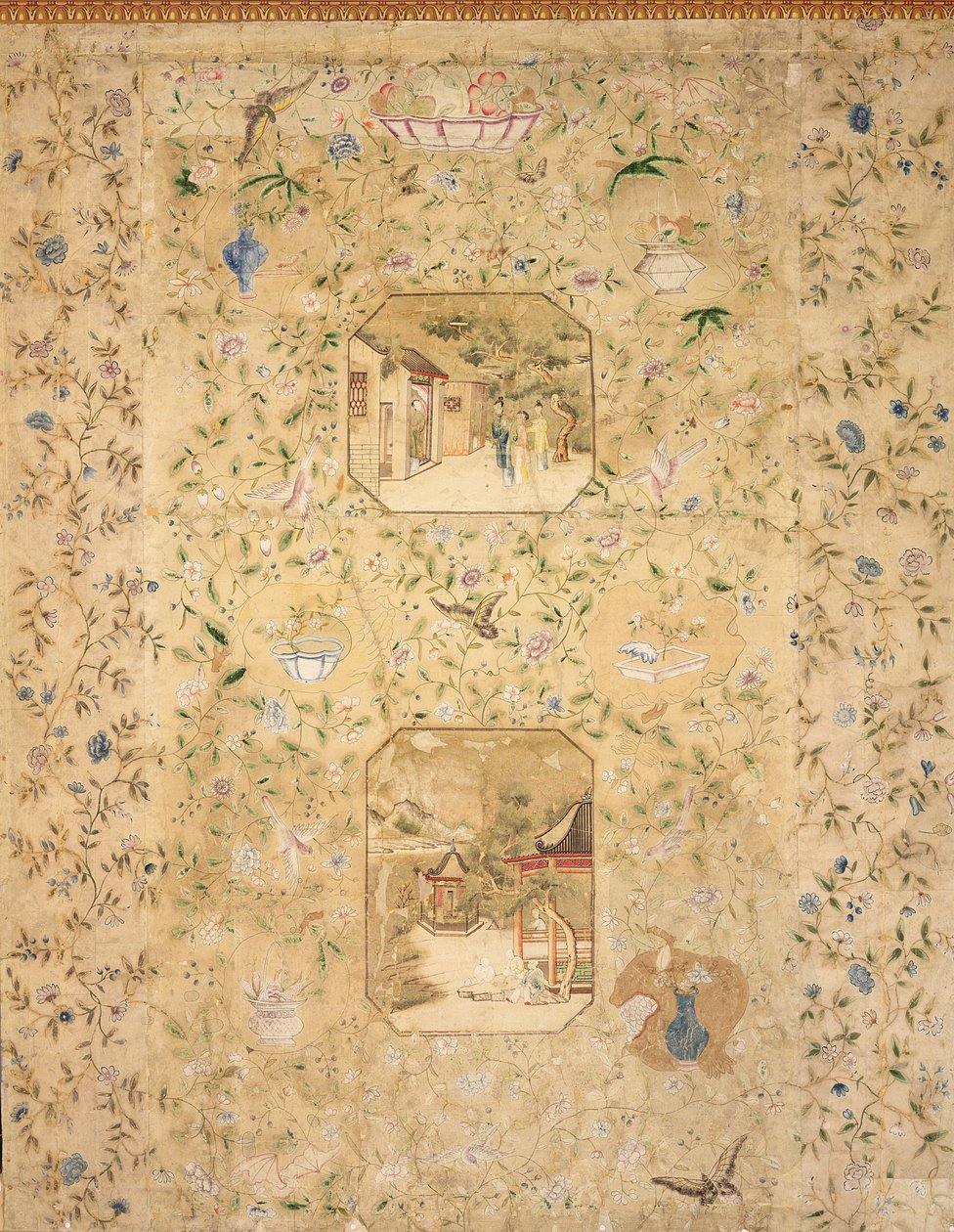 描述各种各样的中国场面的墙纸细节，1780 作者 英语学校