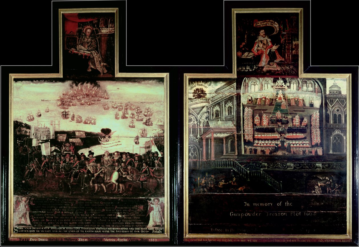 Diptych描绘了伊丽莎白女王一世（1530-1603）抵达蒂尔伯里，西班牙无敌舰队的失败和火药情节 作者 英语学校
