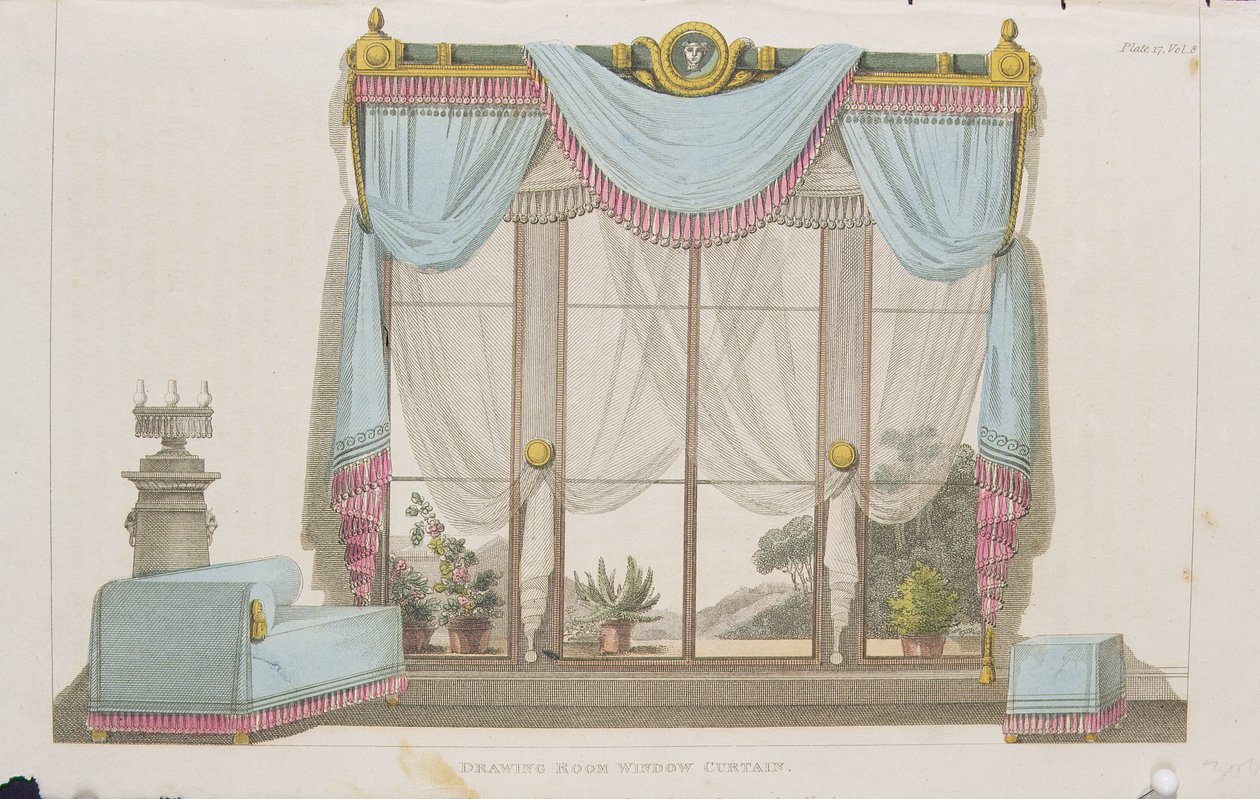 绘画室窗帘，来自Ackermanns Repository of Arts的43号板，于1812年出版 作者 英语学校
