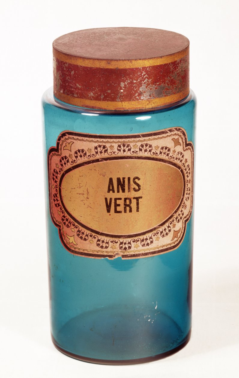 药瓶，标签为Anis Vert，1860（蓝色玻璃） 作者 英语学校