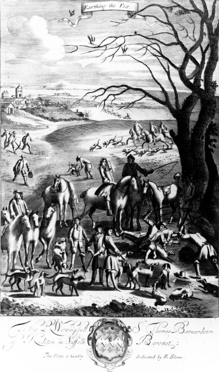 接地狐狸，1686年由理查德布洛姆出版的“绅士的娱乐”插图 作者 英语学校