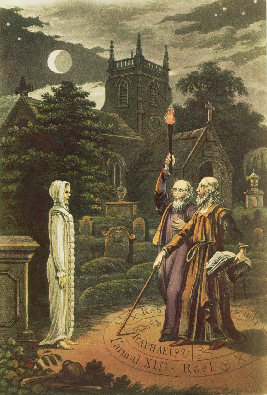 爱德华凯利（b.1555）是一名魔术师，他的搭档是数学家和占星师约翰迪（1527-1608），他提出了一个幽灵（手工雕刻） 作者 英语学校