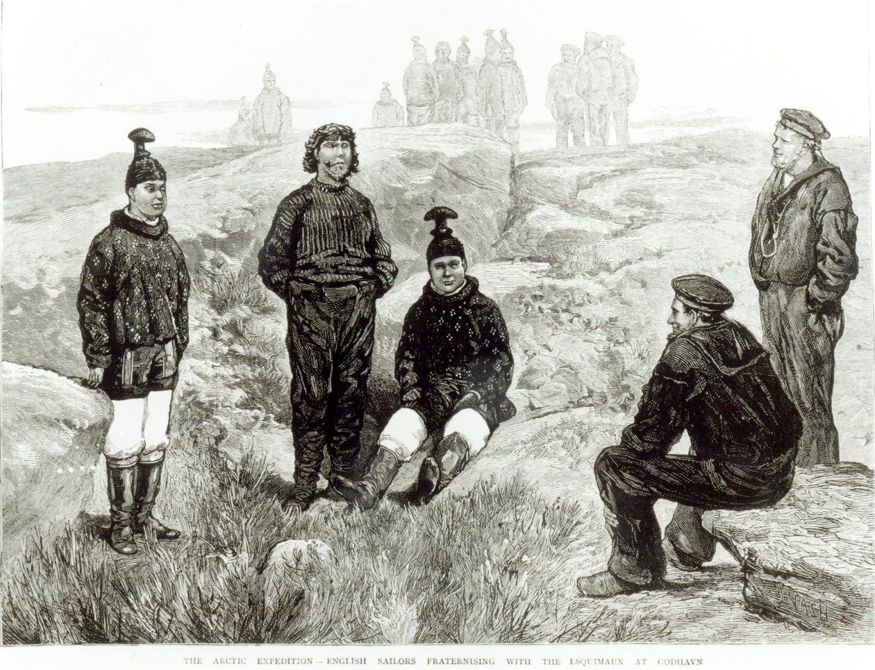 1875年6月18日，英国水手与Godhavn的爱斯基摩人合作，来自&39;The Graphic&39; 作者 英语学校