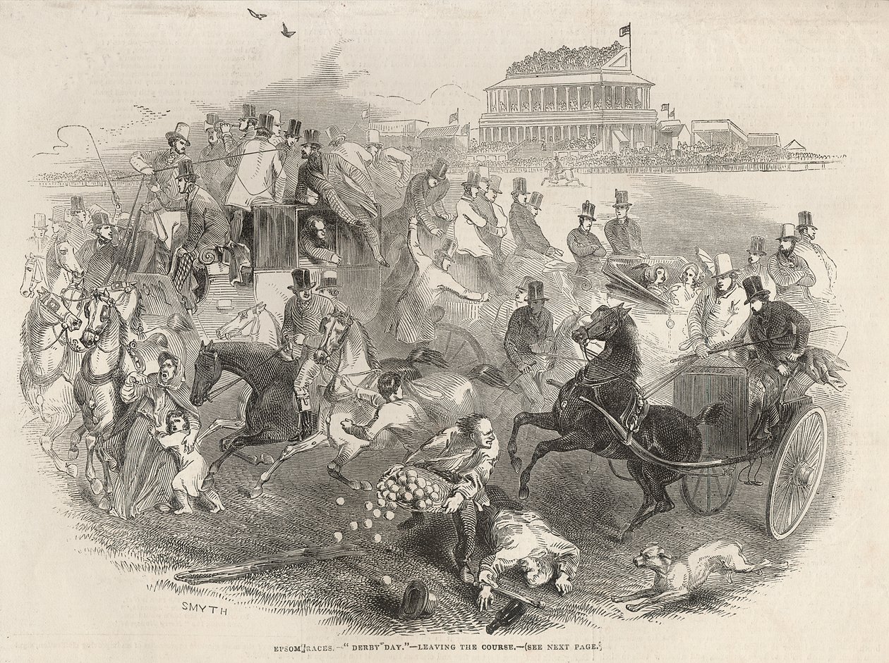 Epsom Races，&39;Derby Day&39;：离开球场，来自&39;The Illustrated London News&39;，1845年5月31日 作者 英语学校