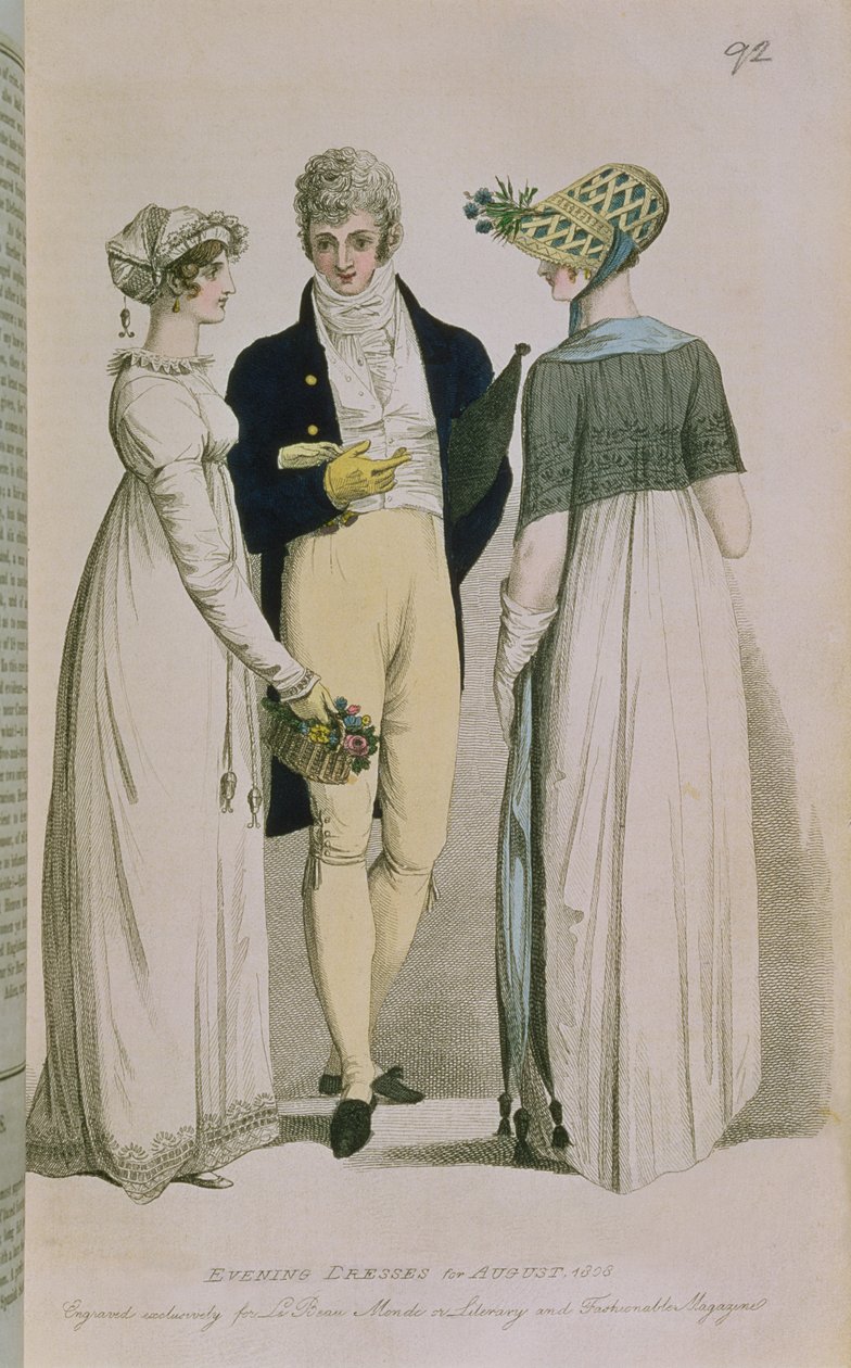 1808年8月的晚礼服，插图来自&39;Le Beau Monde，或文学和时尚杂志&39;，1808年 作者 英语学校