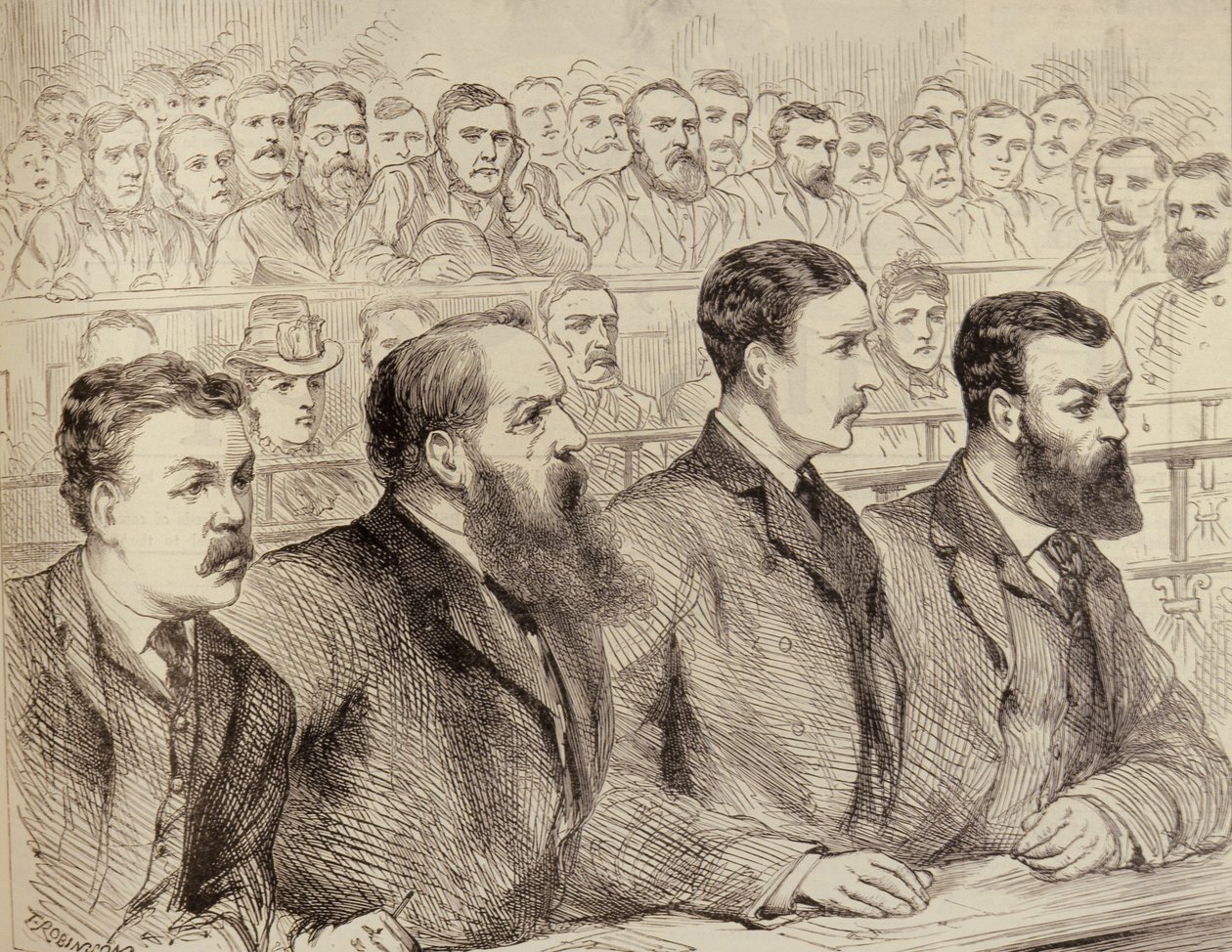 1886年2月27日，“伦敦新闻画报”对弓街警察局社会民主联盟领导人的审查 作者 英语学校