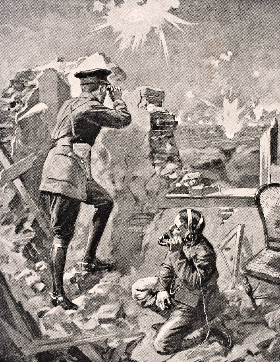 前锋官员观察了1916年在伦敦出版的“战争画报专辑”中的匍匐炮弹拦截效果 作者 英语学校