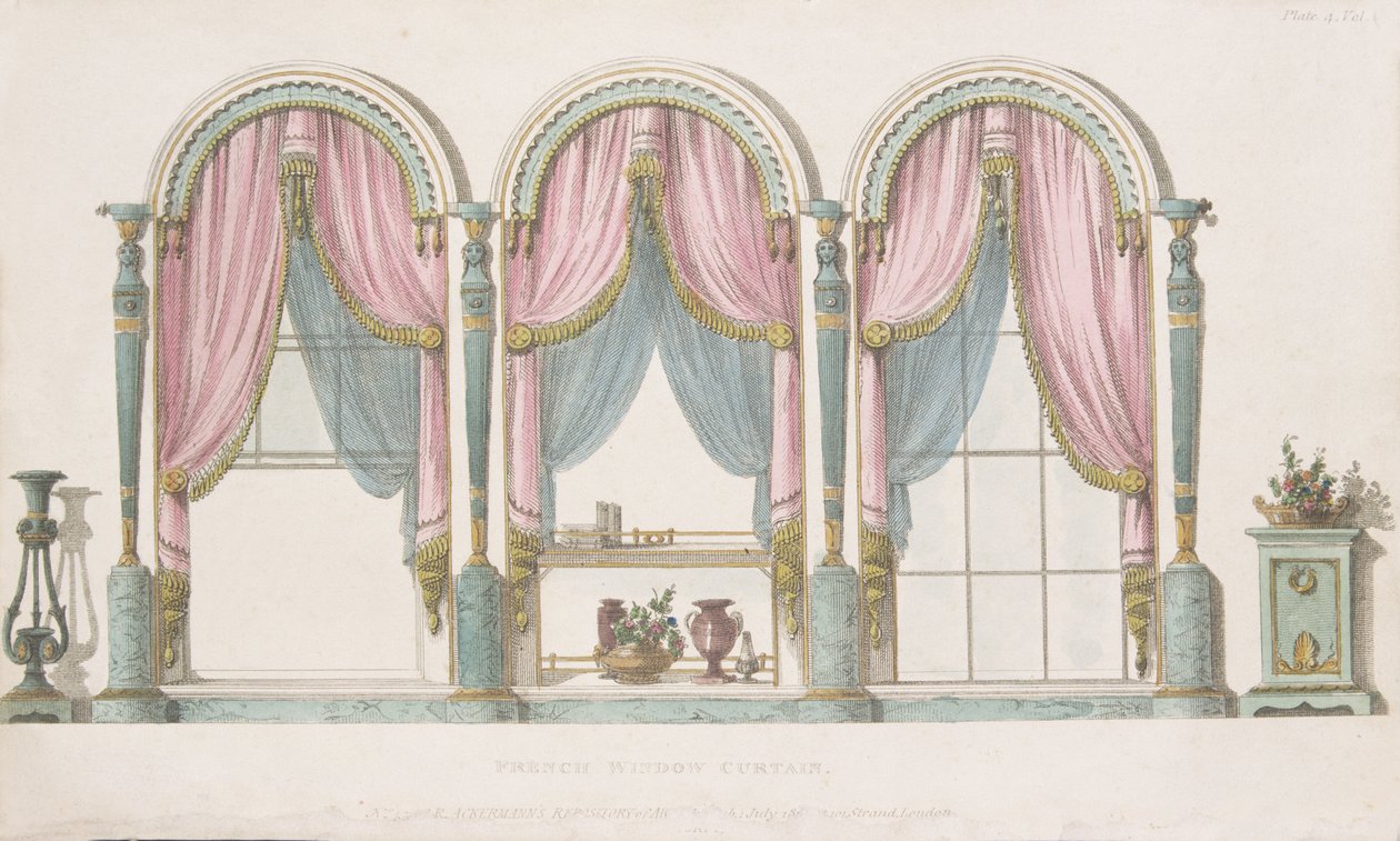 法国窗帘，来自Ackermanns Repository of Arts的55号板，出版于1809-28 作者 英语学校