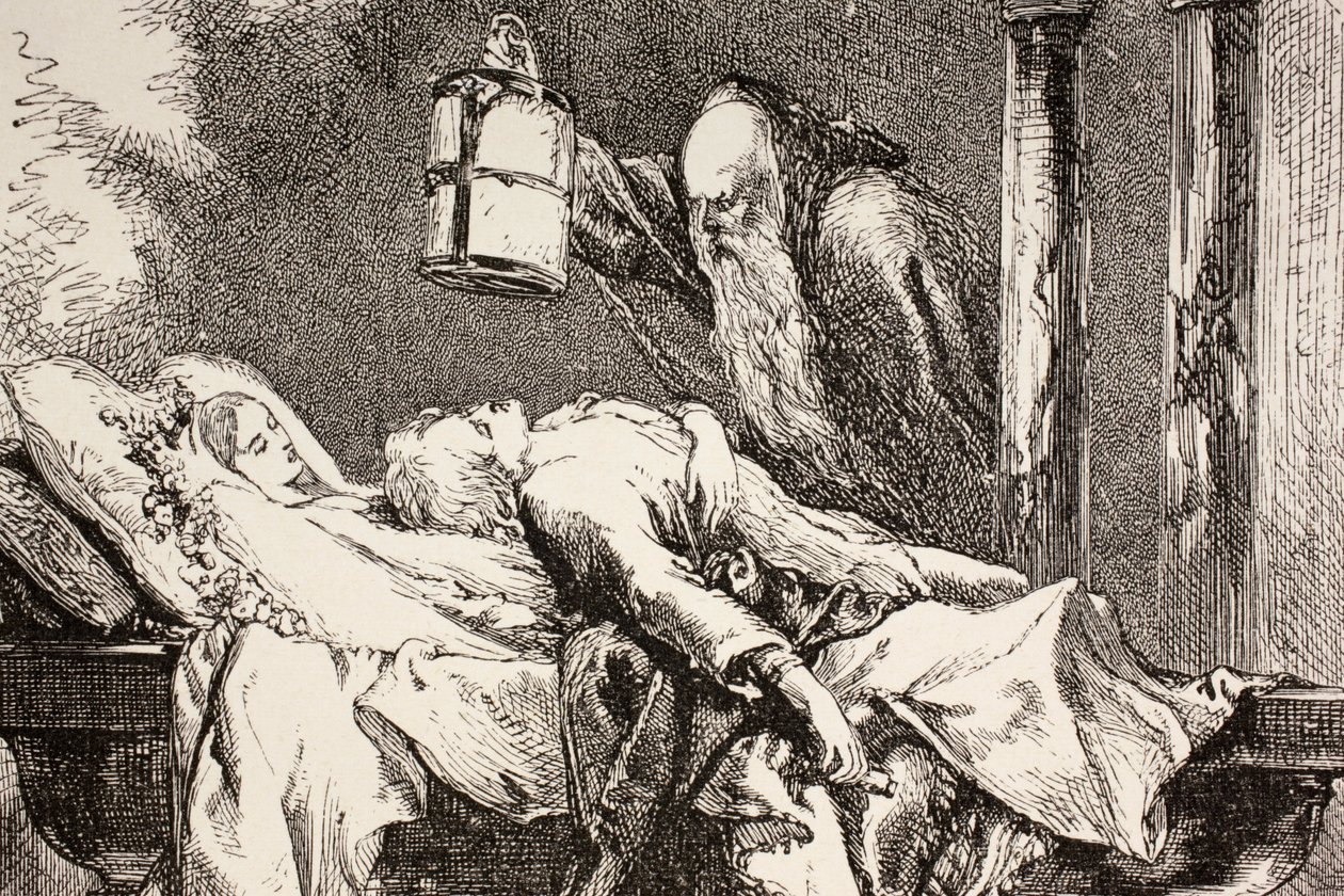 Friar Laurence来到Capulet地穴，发现罗密欧，朱丽叶和巴黎都死了，来自1890年伦敦出版的“插图图书馆莎士比亚” 作者 英语学校