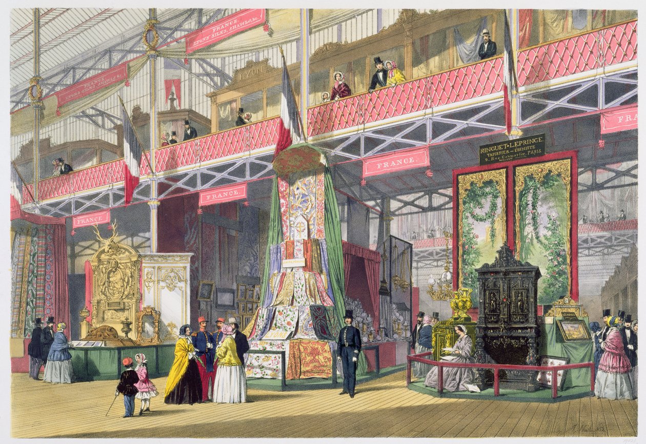 伟大的展览，1851年：法国第一，展示面料和家具，来自Dickinsons综合图片（彩色光刻） 作者 英语学校