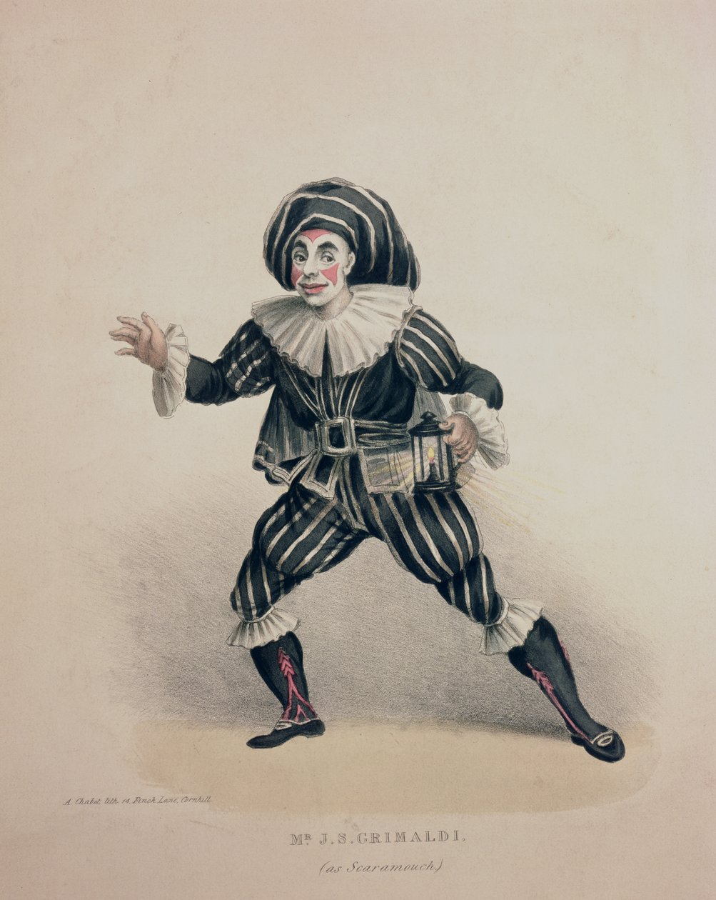 Grimaldi作为Scaramouche，来自Commedia dellArte，由A. Chabot雕刻，19世纪（手工彩色雕刻） 作者 英语学校