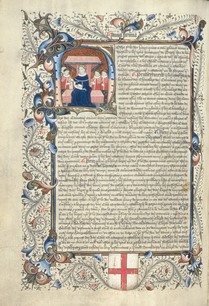亨利五世（1387-1422）和最初的H中描绘的一些朝臣，来自Cartae Antiquae，15世纪末期 作者 英语学校