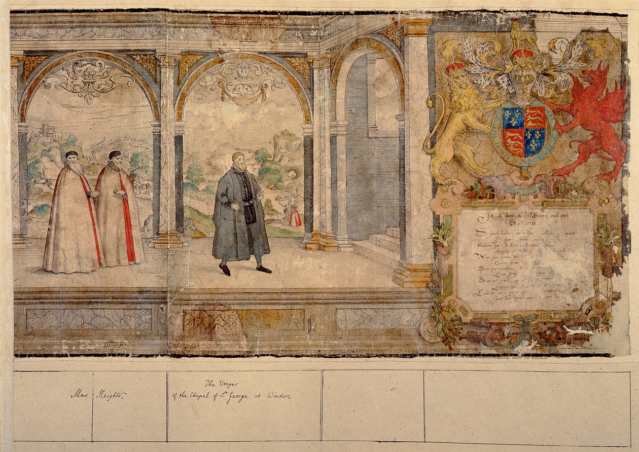 温莎Garter骑士的虚构复合游行，由长老Marcus Gheeraerts（1521-86）1576（彩色蚀刻）雕刻而成 作者 英语学校