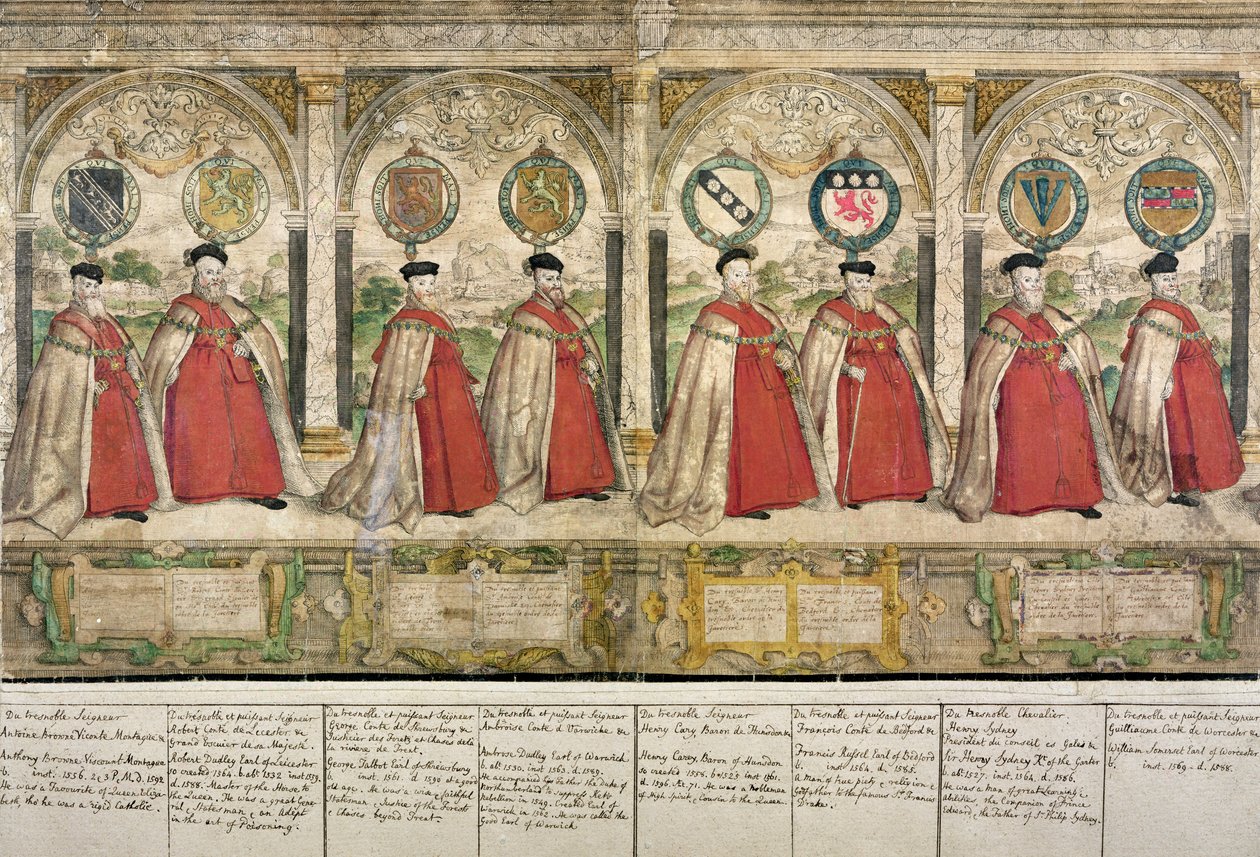 温莎Garter骑士的虚构复合游行，由长老Marcus Gheeraerts（1521-86）1576（彩色蚀刻）雕刻而成 作者 英语学校