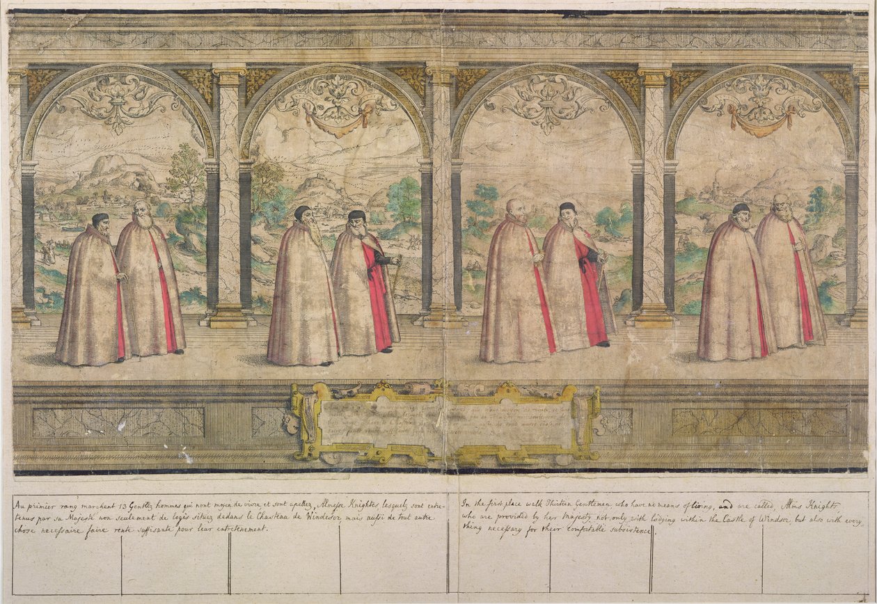 温莎吊袜带的虚构复合游行，由Marcus Gheeraerts the Elder（1521-86）1576（彩色蚀刻）雕刻而成 作者 英语学校